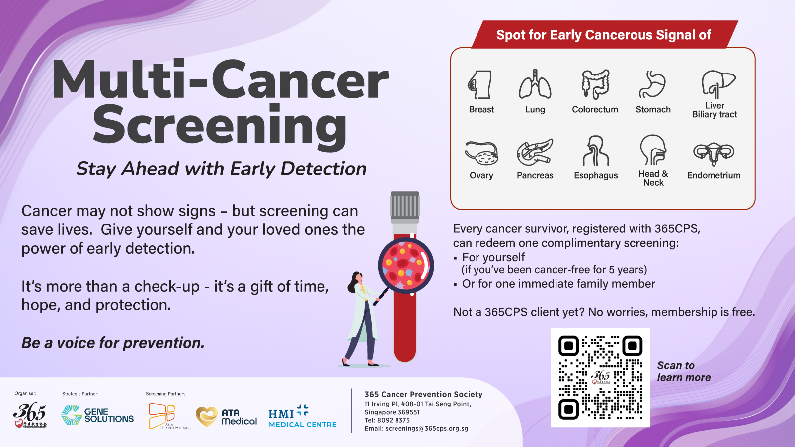 Multi-cancer screening poster listing the 10 cancers detected by the SPOT-MAS blood test at 365CPS
